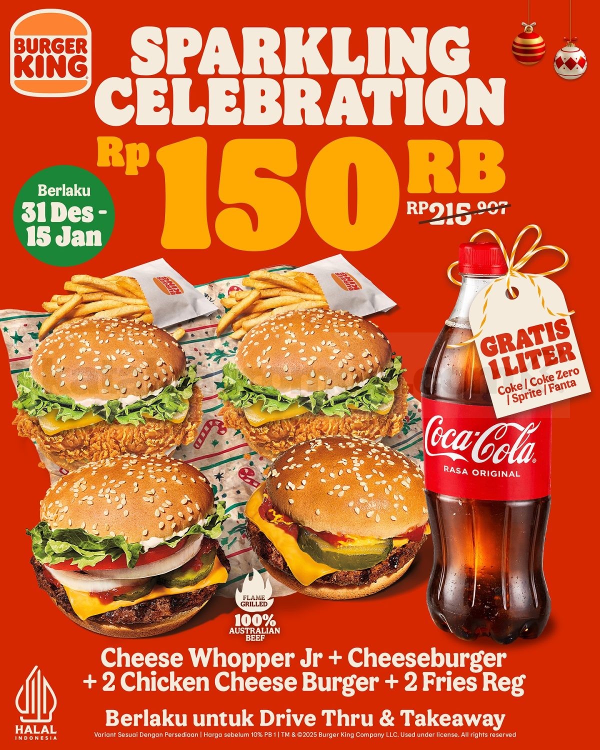 Promo BURGER KING Sparkling Celebration Rp. 150.000 Promo BURGER KING Sparkling Celebration Rp. 150.000 gratis minuman 1 liter periode 31 Desember 2025 – 15 Januari 2026