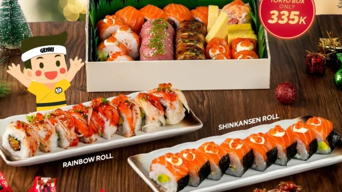 Promo Genki Sushi Holiday Season mulai Rp. 110.000 dengan pilihan sushi festive dan Tokyo Box Rp. 335.000