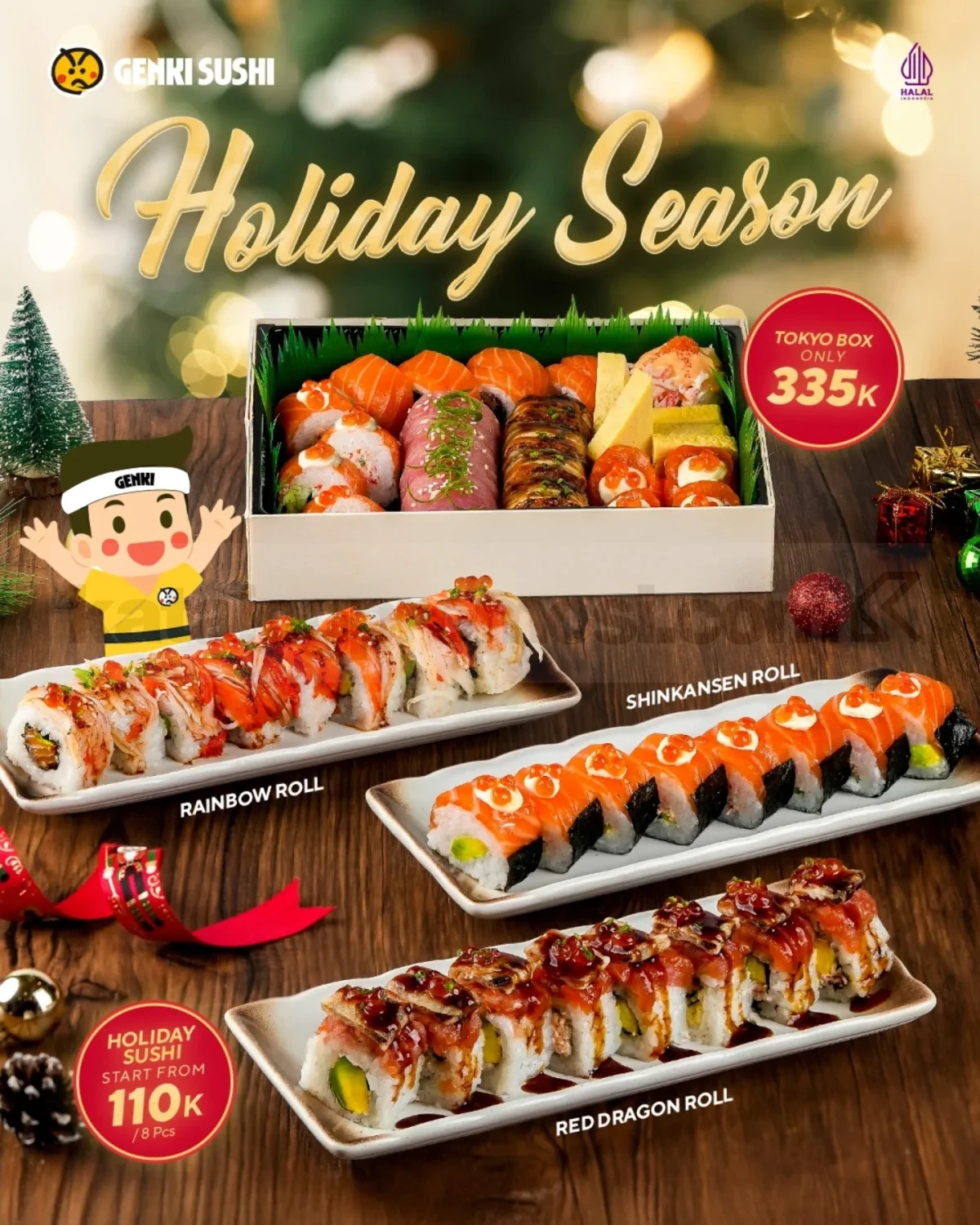 Promo Genki Sushi Holiday Season Mulai Rp. 110.000 Promo Genki Sushi Holiday Season mulai Rp. 110.000 dengan pilihan sushi festive dan Tokyo Box Rp. 335.000