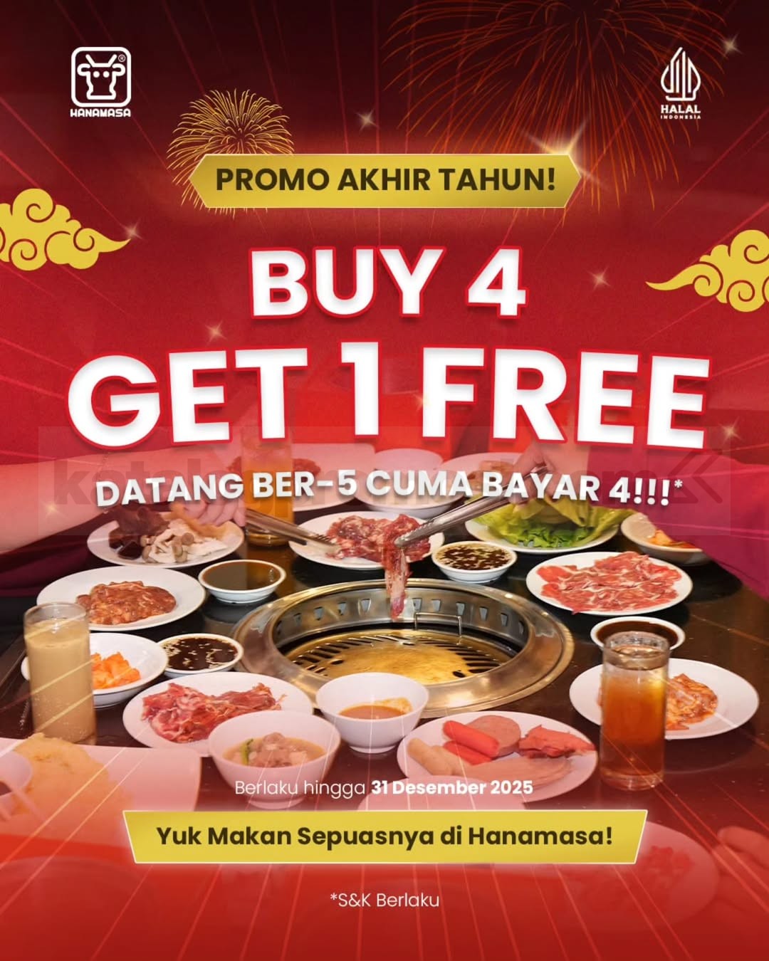 Promo Hanamasa Akhir Tahun Buy 4 Get 1 Free Promo Hanamasa Akhir Tahun Buy 4 Get 1 Free berlaku sampai 31 Desember 2025 di outlet Hanamasa tertentu
