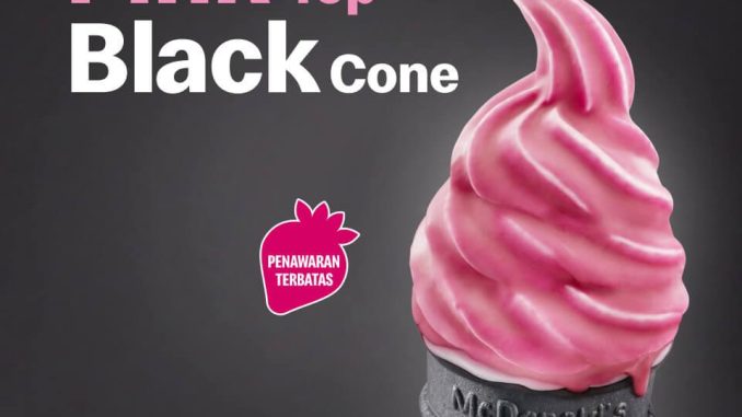 Promo McDonalds Pink Top Black Cone Es Krim Vanilla atau Cokelat dengan saus stroberi tersedia hingga 4 Januari 2026