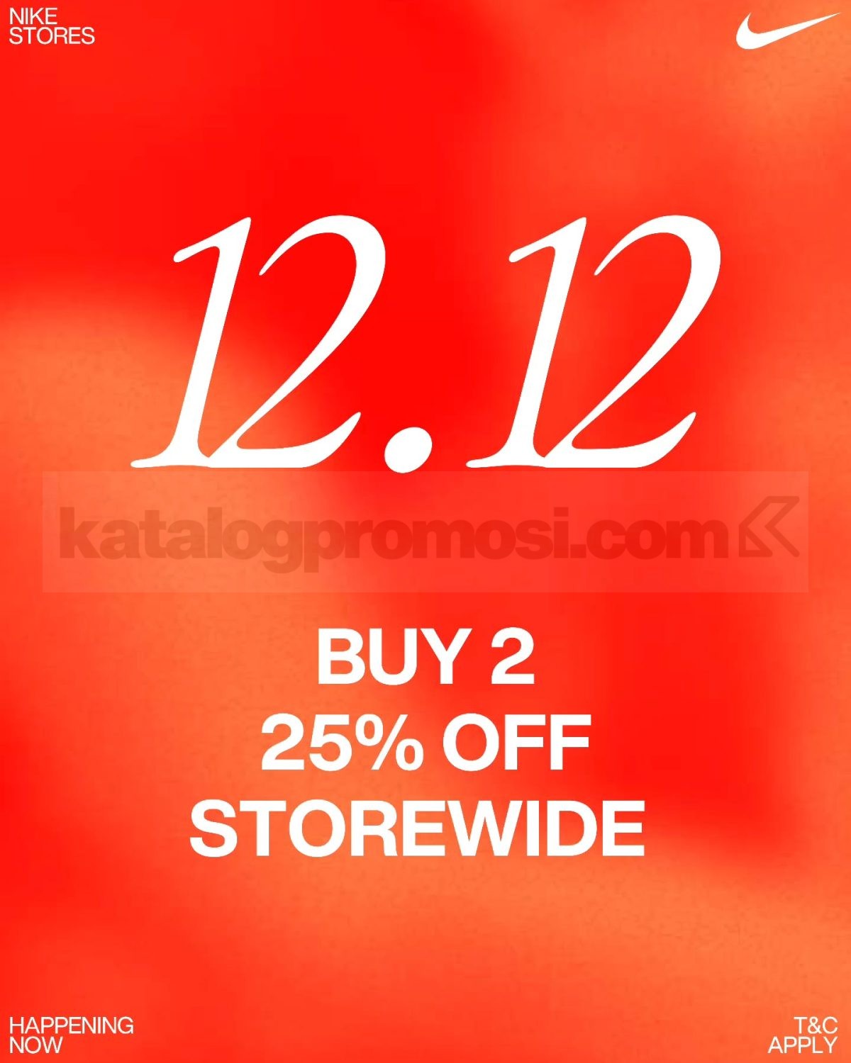 Promo Nike 12.12 Buy 2 Get 25% Off Promo Nike 12.12 Buy 2 Get 25% Off berlaku 10–12 Desember 2025 di seluruh Nike Stores.
