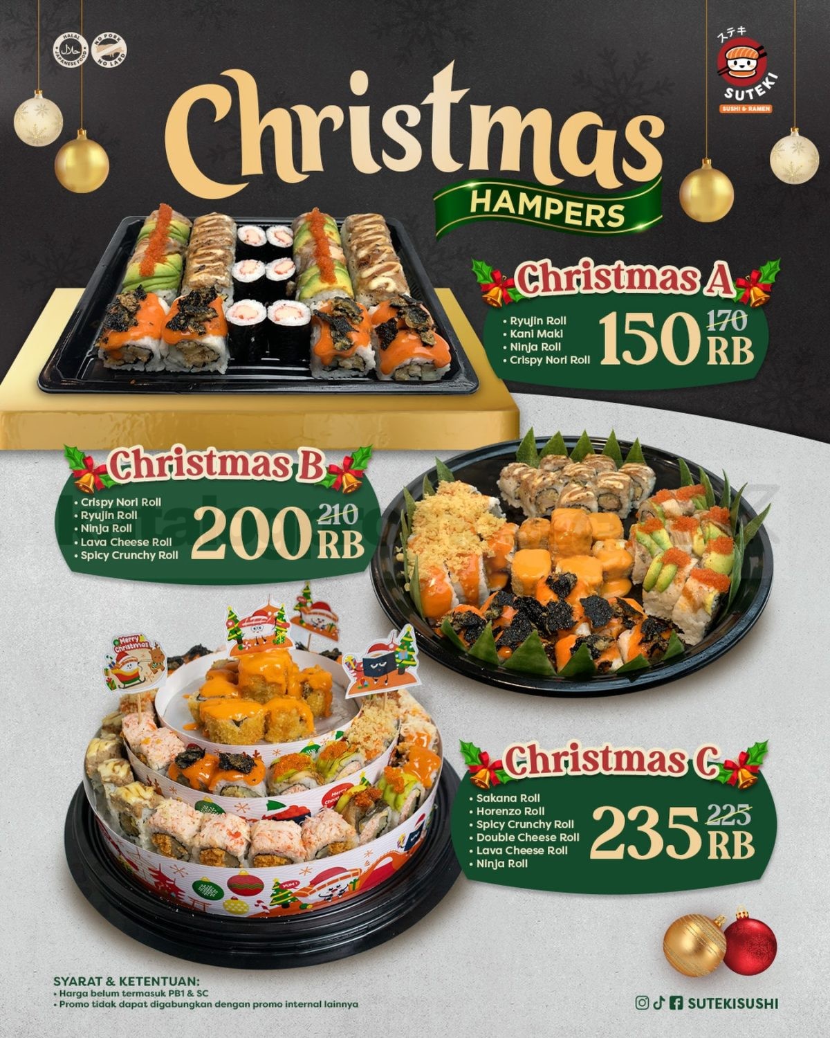 Promo Suteki Sushi Christmas Hampers mulai Rp. 150 ribu Promo Suteki Sushi Christmas Hampers mulai Rp. 150 ribu berisi pilihan paket sushi premium untuk hadiah Natal