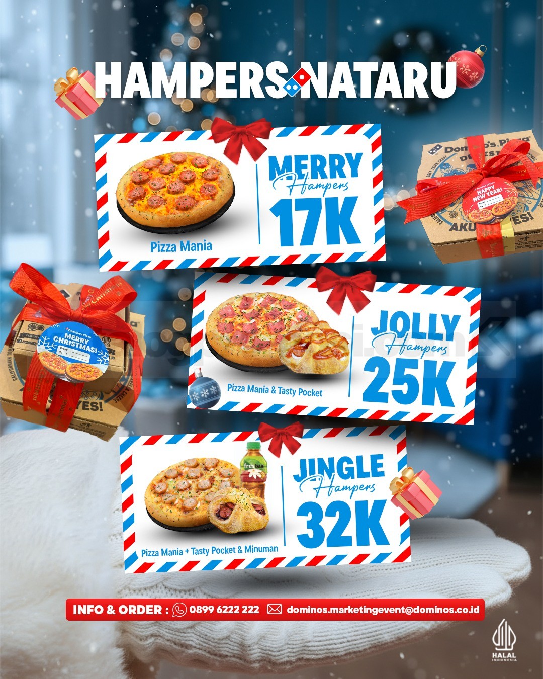 Promo Domino's Pizza Hampers Nataru mulai Rp. 17.000 Promo Domino's Pizza Hampers Nataru mulai Rp. 17.000 dengan pilihan paket Merry, Jolly, dan Jingle