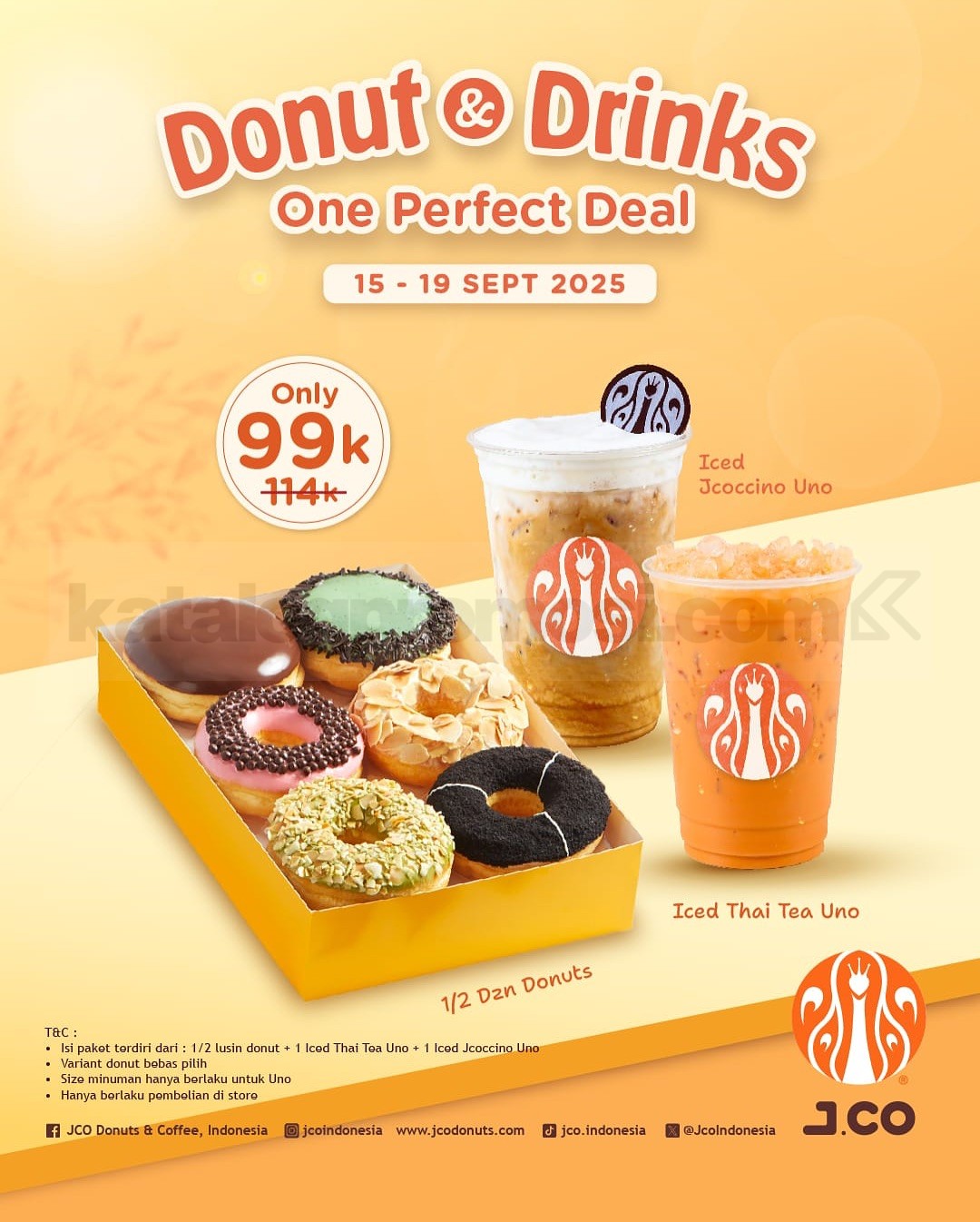 Promo J.CO Donut & Drinks One Perfect Deal Rp99 ribu isi ½ lusin donut, Thai Tea, dan JCoccino berlaku 15–19 September 2025