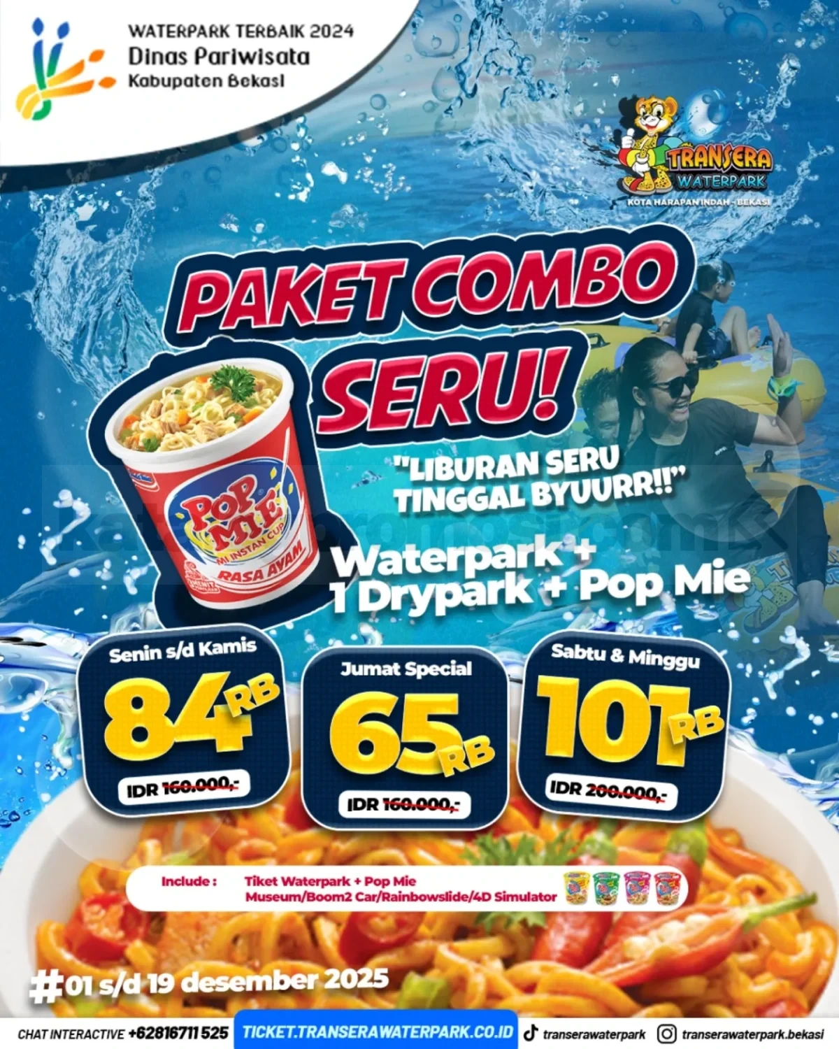 Promo Transera Waterpark Paket Combo Seru Popmie mulai 65 ribu Promo Transera Waterpark Paket Combo Seru Popmie mulai 65 ribu berlaku 1–19 Desember 2025 dengan pilihan paket waterpark dan drypark.
