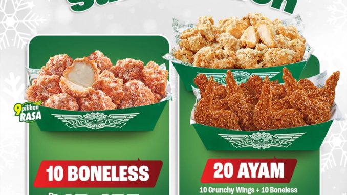 Promo Wingstop BCA Year End Salebration dengan harga 10 Boneless Rp. 45.455 dan paket 20 ayam Rp. 90.909 selama 5 Des 2025–4 Jan 2026.