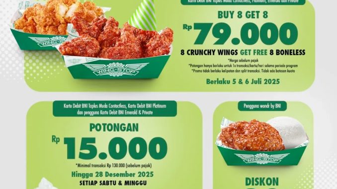 Promo Wingstop HUT BNI 79 Buy 8 Bonus 8 cuma Rp79.000 berlaku 5-6 Juli 2025 di seluruh Wingstop