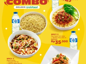 Promo Bakmi GM Spicy Combo GrabFood mulai Rp. 35.500 dengan tiga paket spicy lengkap dan Aqua gratis.