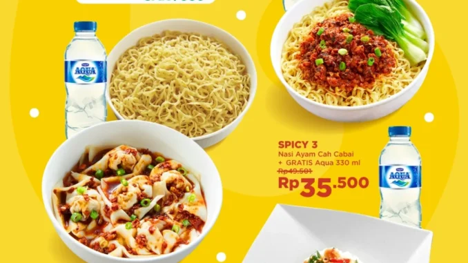 Promo Bakmi GM Spicy Combo GrabFood mulai Rp. 35.500 dengan tiga paket spicy lengkap dan Aqua gratis.