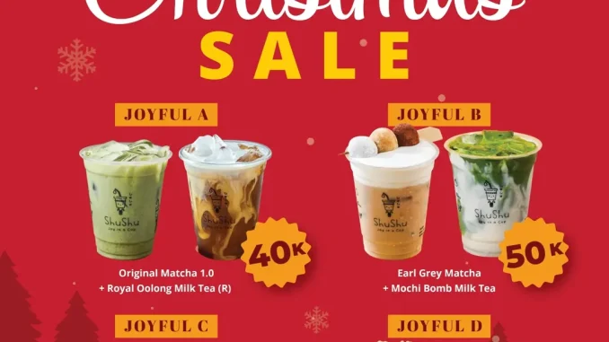 Promo ShuShu Christmas Sale Joyful Package mulai 40K dengan pilihan paket minuman matcha, milk tea, dan cokelat