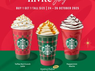 Promo Starbucks Invite Joy 3x Buy 1 Get 1 Holiday Beverages berlaku 24–26 Oktober 2025 di seluruh gerai Starbucks Indonesia.