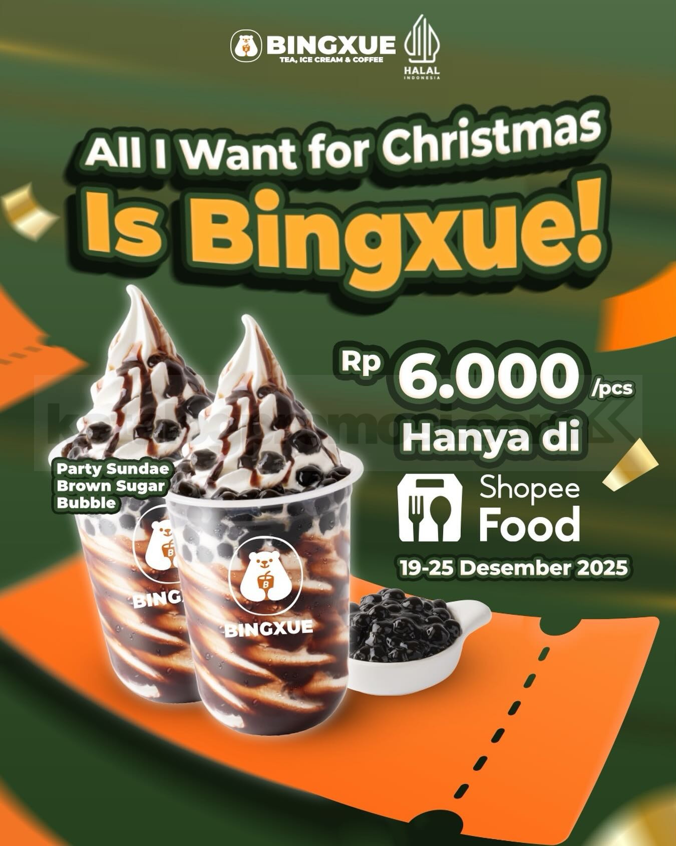 Promo BINGXUE ShopeeFood Party Sundae Rp. 6.000 Promo BINGXUE ShopeeFood Party Sundae Rp. 6.000 periode 19 – 25 Desember 2025