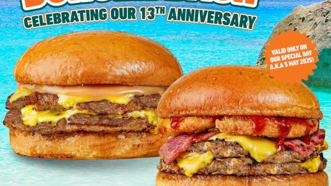 Promo Five Monkeys Burger 13th Anniversary beli 1 gratis 1 burger dengan tunjukkan IG Story, 5 Mei 2025.
