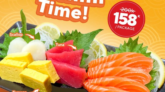 Promo Genki Sushi Sashimi Time Paket Lengkap Rp. 158.000 dengan salmon tuna scallop tamago