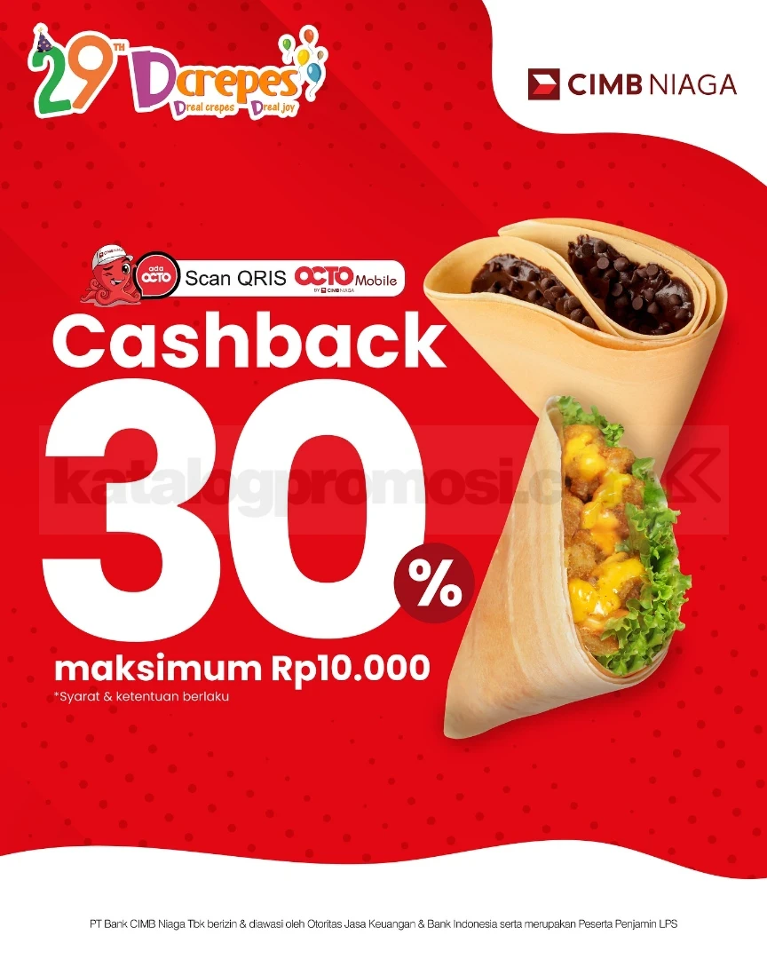 Promo Dcrepes CIMB Niaga Cashback OCTO Mobile 30% Promo Dcrepes cashback OCTO Mobile 30% berlaku 6 April 2025 - 31 Maret 2026 dengan pembayaran QRIS OctoPay di outlet tertentu