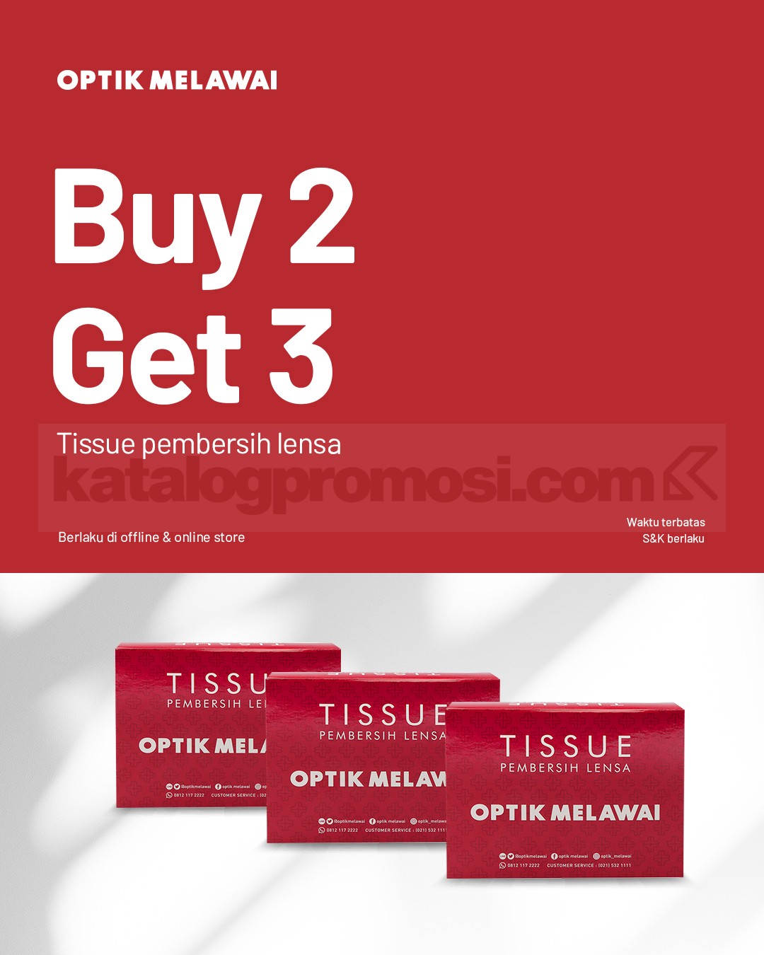 Promo Optik Melawai Buy 2 Get 1 Free Tissue Pembersih Lensa Promo Optik Melawai Buy 2 Get 1 Free Tissue Pembersih Lensa, beli 2 gratis 1, berlaku di seluruh store & online.