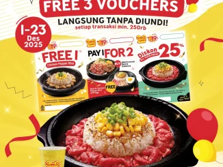 Promo Pepper Lunch Pesta E-Voucher dengan FREE 3 vouchers, Pay 1 For 2, dan diskon 25% periode 1–23 Desember 2025.