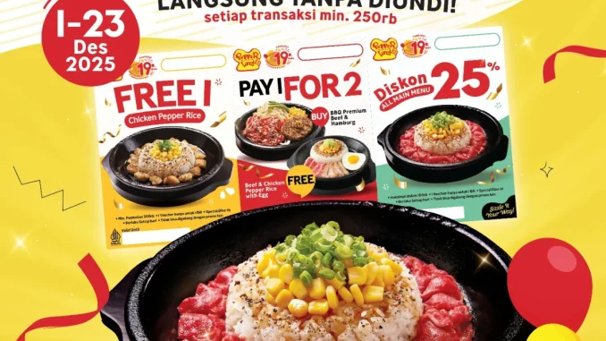 Promo Pepper Lunch Pesta E-Voucher dengan FREE 3 vouchers, Pay 1 For 2, dan diskon 25% periode 1–23 Desember 2025.