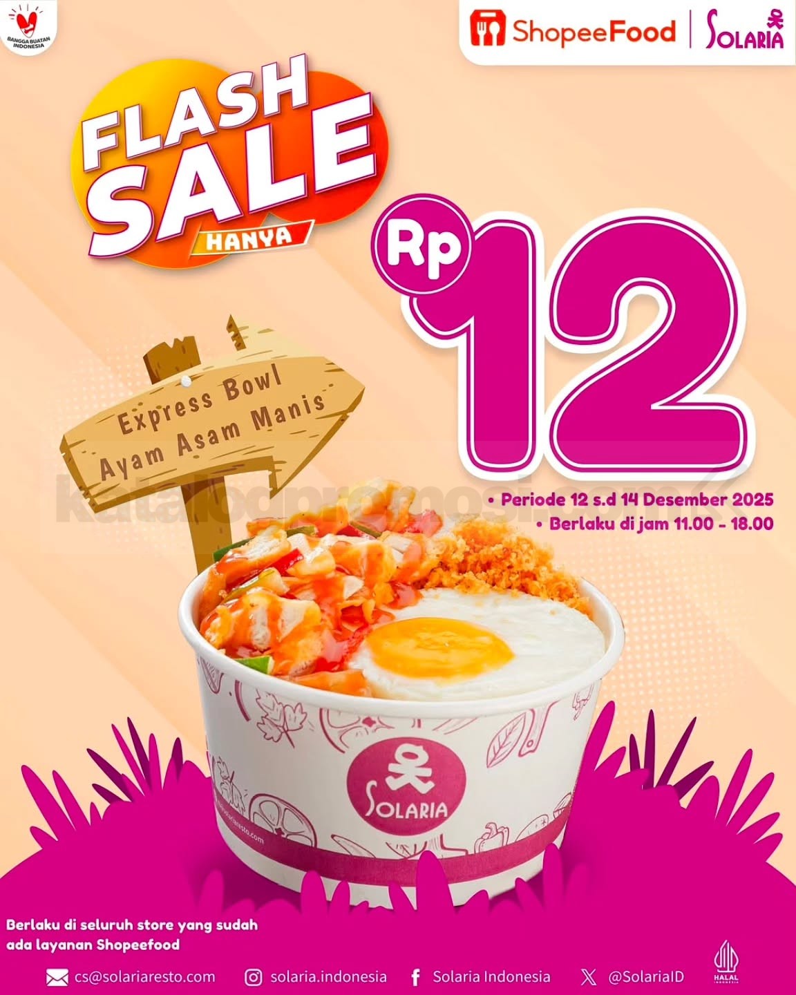 Promo Solaria ShopeeFood 12.12 Flash Sale Express Bowl Rp. 12 Promo Solaria ShopeeFood 12.12 Flash Sale Express Bowl Ayam Asam Manis Rp. 12 pada 12–14 Desember 2025.