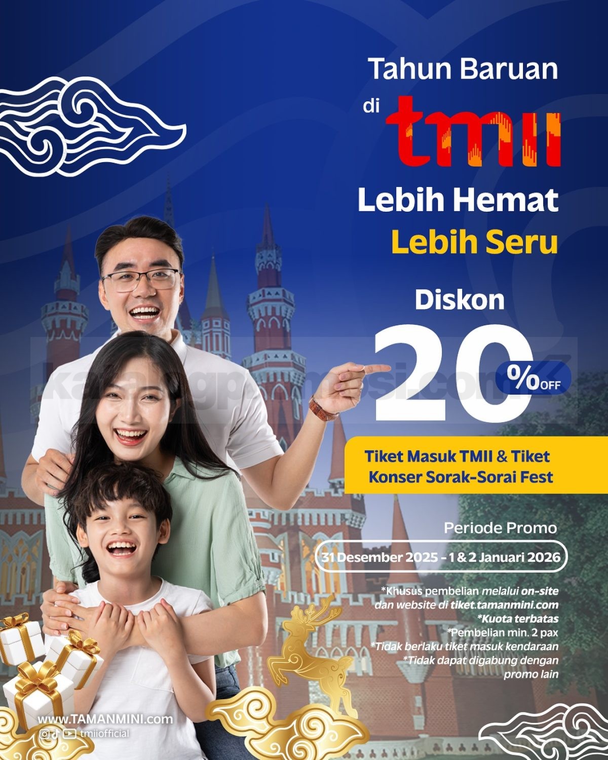 Promo TMII Tahun Baruan Diskon 20% Tiket Masuk Promo TMII Tahun Baruan diskon 20% tiket masuk dan konser periode 31 Desember 2025 – 2 Januari 2026