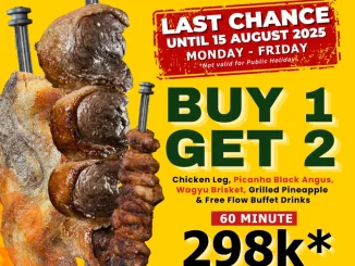 Promo Tucano’s Buy 1 Get 2 Brazilian BBQ Rp. 298.000 untuk 2 orang berlaku hingga 15 Agustus 2025 di Senayan City, Galaxy Mall Surabaya 3, dan Summarecon Mall Serpong.