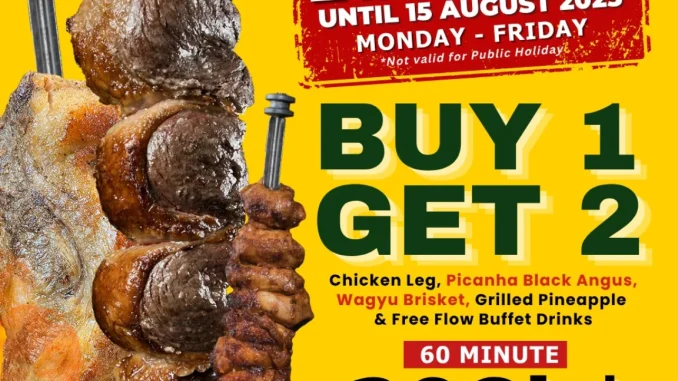 Promo Tucano’s Buy 1 Get 2 Brazilian BBQ Rp. 298.000 untuk 2 orang berlaku hingga 15 Agustus 2025 di Senayan City, Galaxy Mall Surabaya 3, dan Summarecon Mall Serpong.