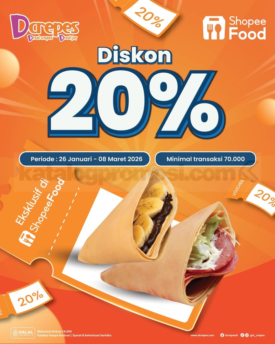 Promo Dcrepes ShopeeFood Diskon 20% Promo Dcrepes ShopeeFood Diskon 20% dengan minimum transaksi Rp. 70.000