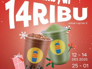 Promo HopHop 12.12 beli minuman Rp. 14.000 berlaku 12–14 Desember 2025 dan 25 Desember–1 Januari 2026.