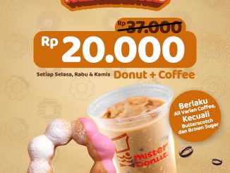 Promo Mister Donut Pasangan Pas Donut + Coffee Rp.20.000 berlaku setiap Selasa, Rabu, Kamis