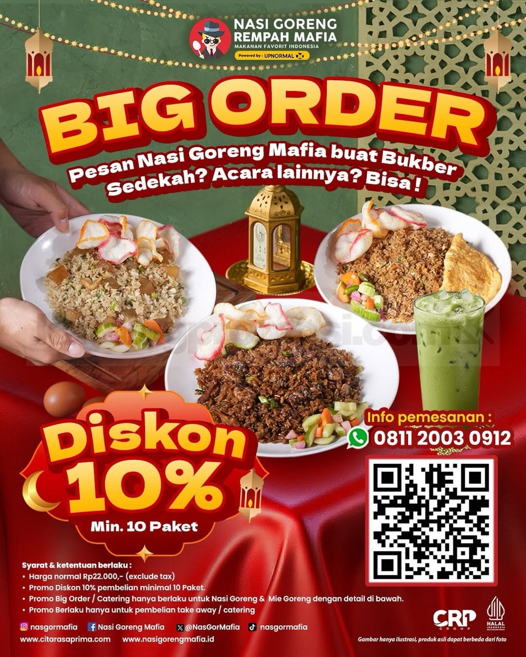 Promo Nasgor Mafia Big Order Diskon 10% Promo Nasgor Mafia Big Order Diskon 10% minimal 10 paket nasi goreng atau mie goreng takeaway