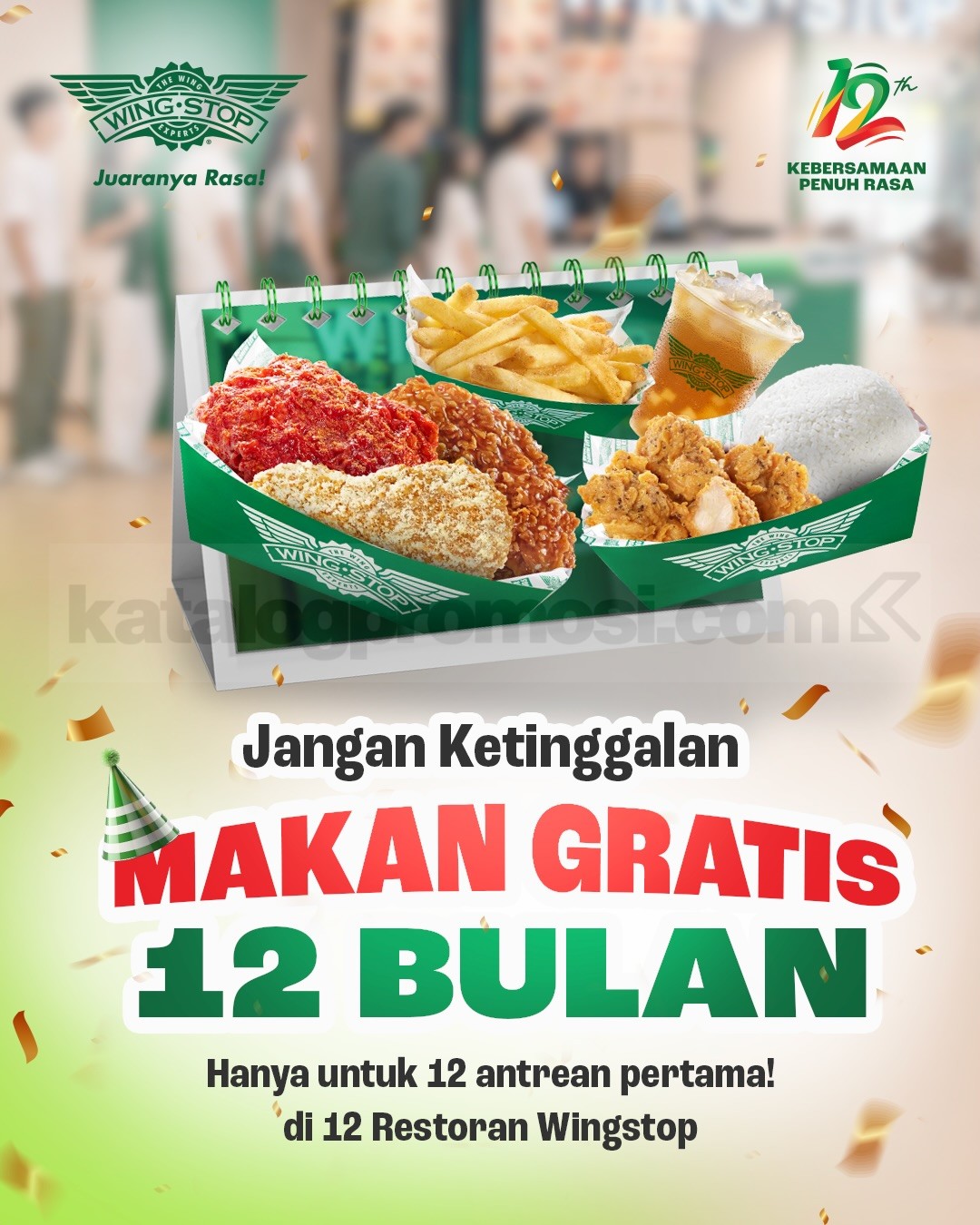 Promo Wingstop Anniversary Ke-12 Makan Gratis Setahun Promo Wingstop Anniversary Ke-12 Makan Gratis Setahun dengan hadiah voucher, merchandise eksklusif, dan Brizzi Card.