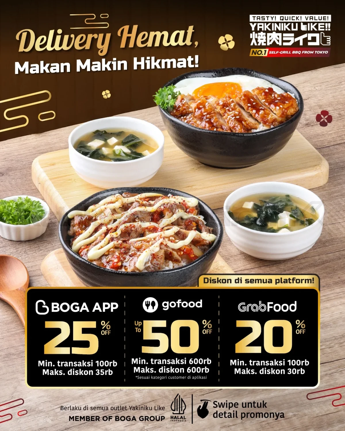Promo Yakiniku Like Delivery Hemat Diskon hingga 50% Promo Yakiniku Like Delivery Hemat Diskon hingga 50% dengan pilihan potongan BOGA App, GoFood, dan GrabFood