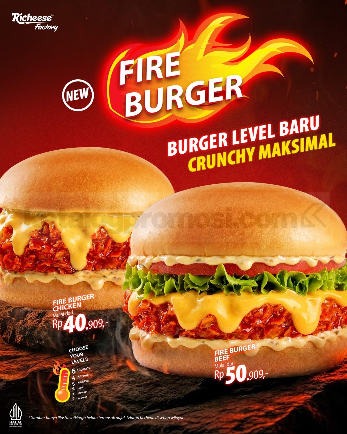 Promo Richeese Factory NEW! Fire Burger Mulai Rp. 40.909 Promo Richeese Factory NEW! Fire Burger mulai Rp. 40.909 dengan pilihan Fire Chicken Burger dan Fire Burger Beef