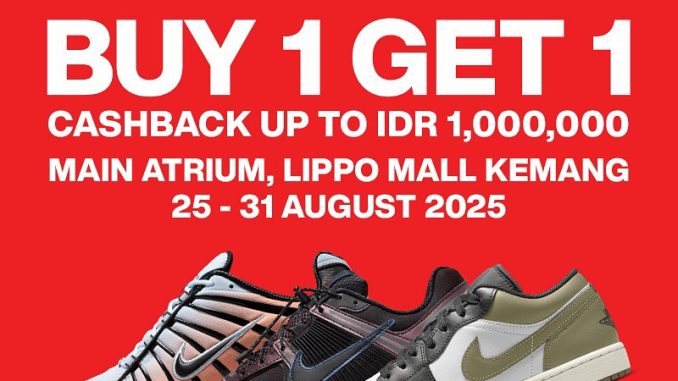 Nike Warehouse Sale di Lippo Mall Kemang 25 - 31 Agustus 2025 dengan promo beli 1 gratis 1 dan cashback hingga Rp1 juta