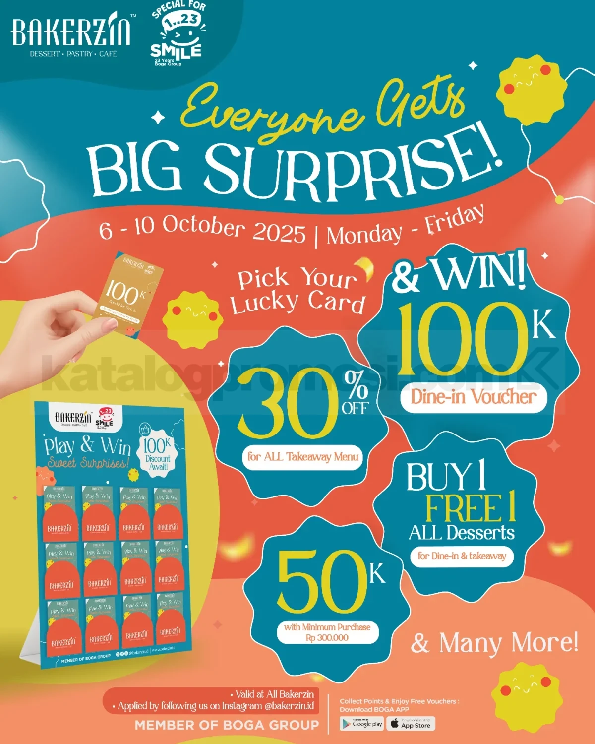 Promo Bakerzin Boga Group 23 Anniversary Beli 1 Gratis 1 Promo Bakerzin Everyone Gets Big Surprise diskon hingga Rp. 100.000 berlaku 6–10 Oktober 2025 di seluruh outlet Bakerzin.