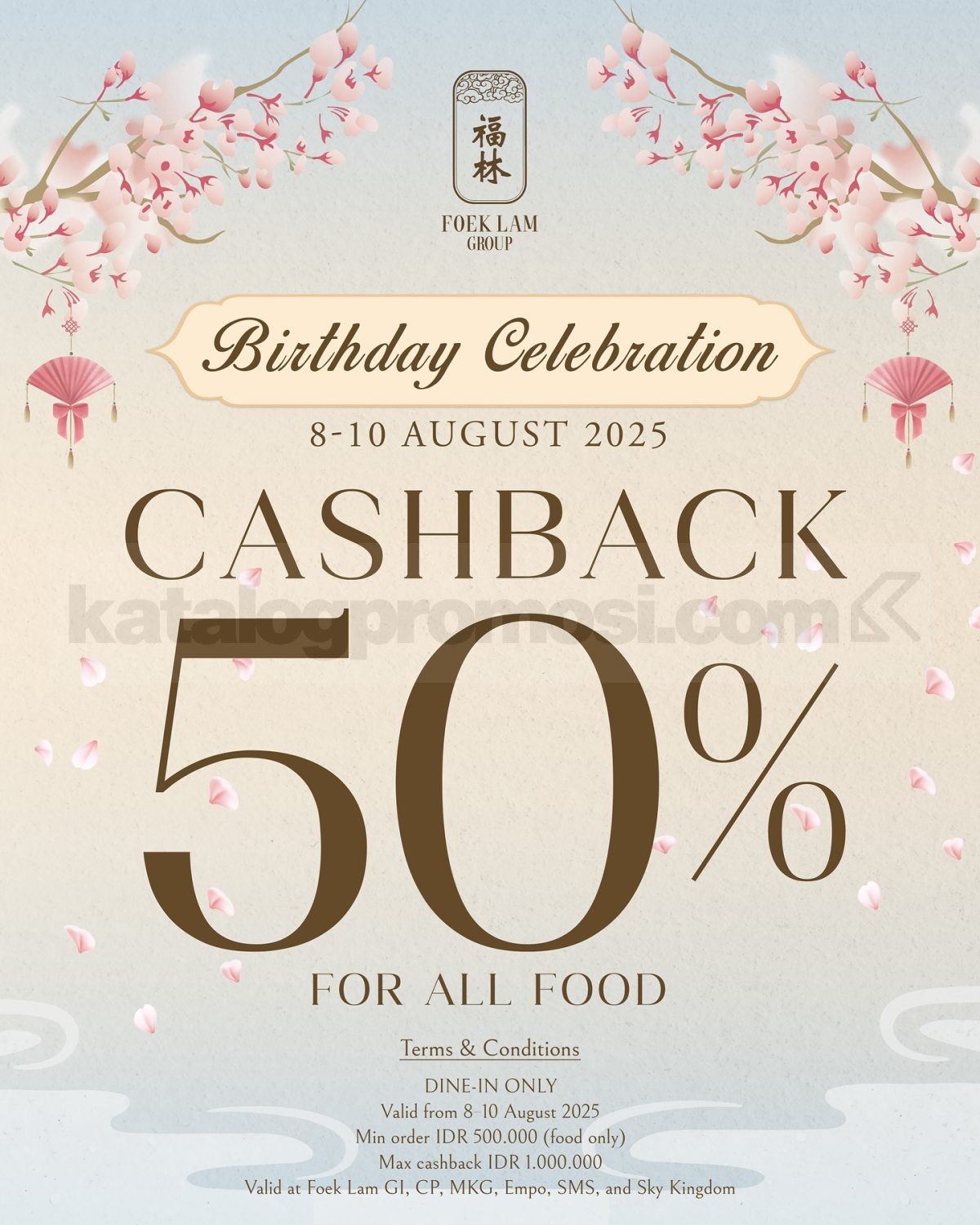 Promo Foek Lam Group Cashback 50% untuk Semua Makanan Promo Foek Lam Group cashback 50% untuk semua makanan dine-in, berlaku 8–10 Agustus 2025