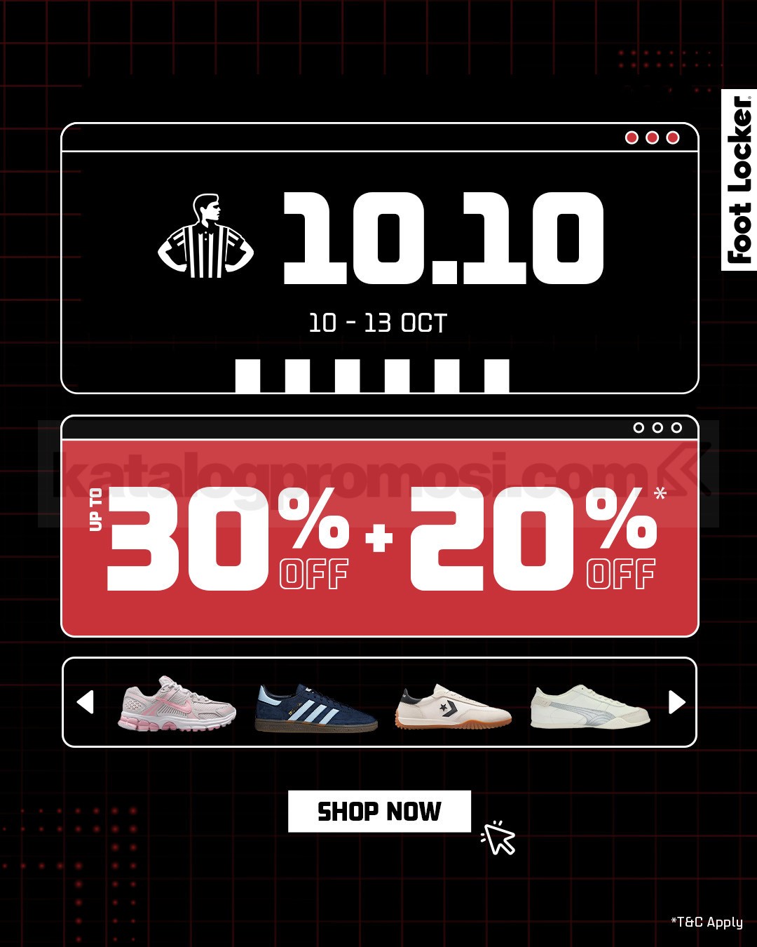 romo FOOT LOCKER 10.10 Diskon Hingga 30% + 20% Promo FOOT LOCKER 10.10 diskon hingga 30% + 20% tambahan berlaku 10โ13 Oktober 2025 di situs resmi Foot Locker Indonesia.