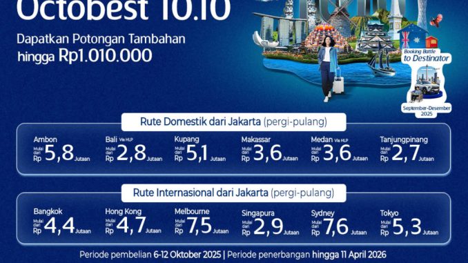 Promo Garuda Indonesia 10.10 OCTOBEST diskon hingga Rp. 1.010.000 berlaku 6–12 Oktober 2025