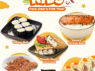 Promo Genki Sushi Kids Menu dengan pilihan Tamago Roll, Salmon Teriyaki Bowl, Chicken Teriyaki Bowl, Beef Cheese Roll, dan dessert es krim