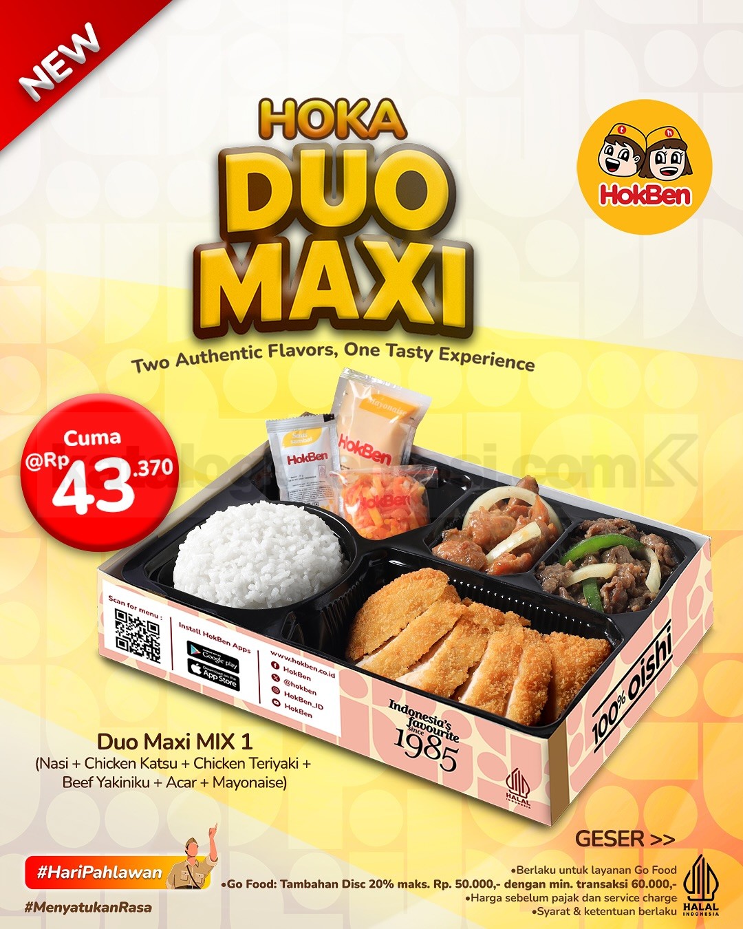 Promo HokBen GOFOOD Duo Maxi cuma Rp.43.370 Promo HokBen NEW! Duo Maxi mulai Rp.43.370 via GoFood dengan diskon hingga 20%