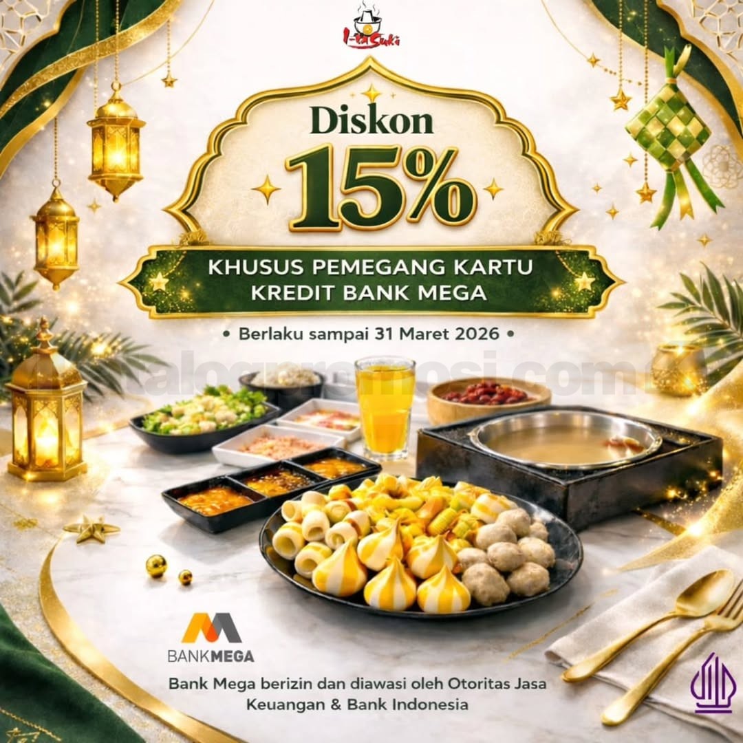 Promo Itasuki Bank Mega Bukber Diskon 15% Promo Itasuki Bank Mega Bukber Diskon 15% untuk pembayaran kartu kredit Bank Mega hingga 31 Maret 2026
