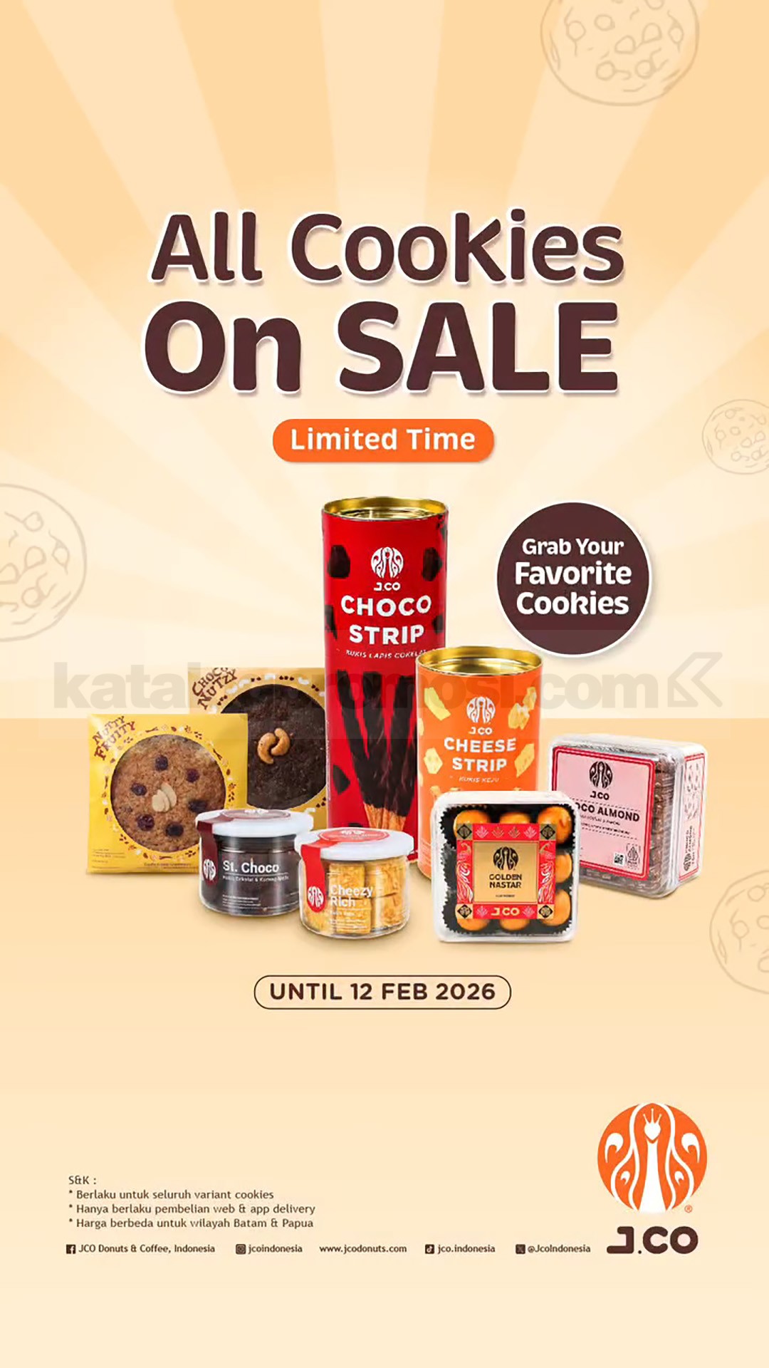 Promo JCO All Cookies ON SALE Promo JCO All Cookies ON SALE dengan extra saving Rp. 5.000 untuk pemesanan via web dan app delivery.