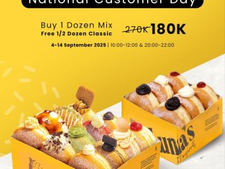 Promo Luna’s Doughnuts Customer Day beli 1 dozen mix Rp180K free 1/2 dozen Classic berlaku 4–14 September 2025 offline di outlet
