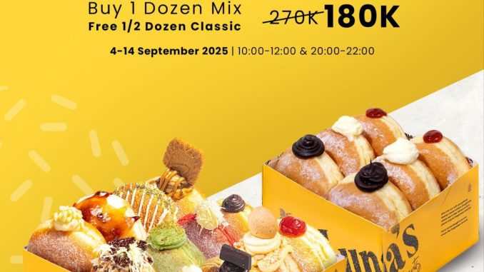 Promo Luna’s Doughnuts Customer Day beli 1 dozen mix Rp180K free 1/2 dozen Classic berlaku 4–14 September 2025 offline di outlet