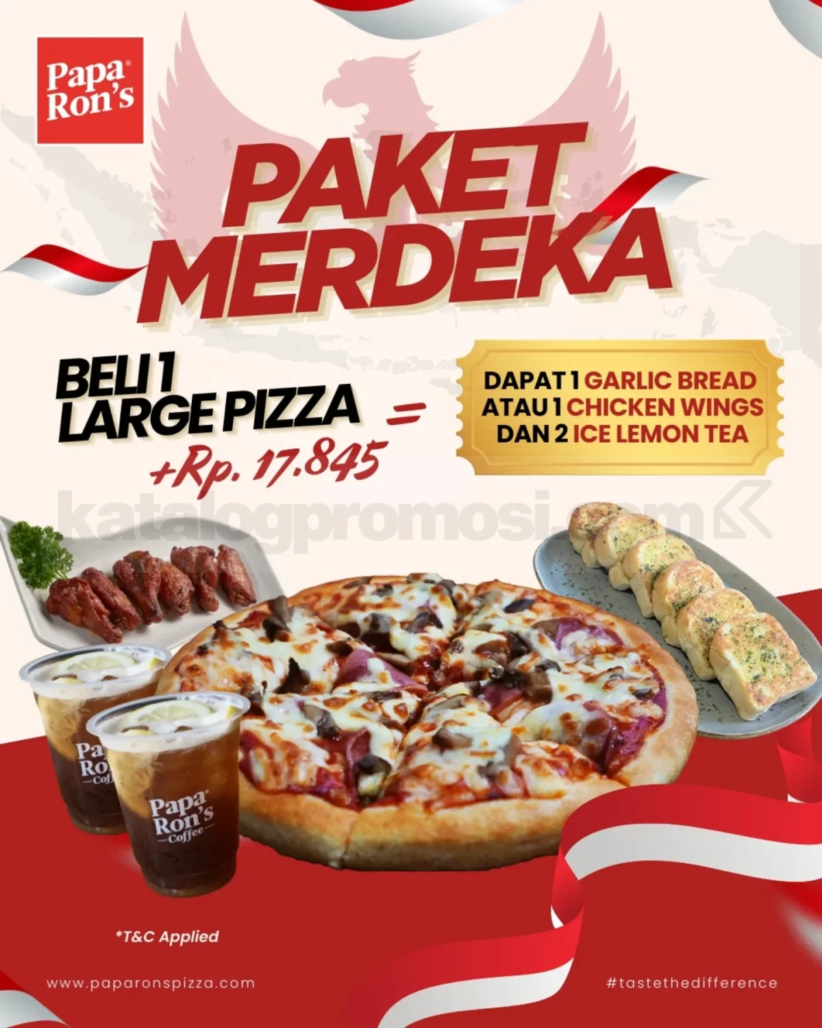 Promo Papa Ron’s Pizza Merdeka Paket Pizza Komplit cukup tambah Rp17.845 Promo Papa Ron’s Merdeka Paket Pizza Rp17.845 berlaku 17–18 Agustus 2025 di outlet Papa Ron’s Pizza pilihan