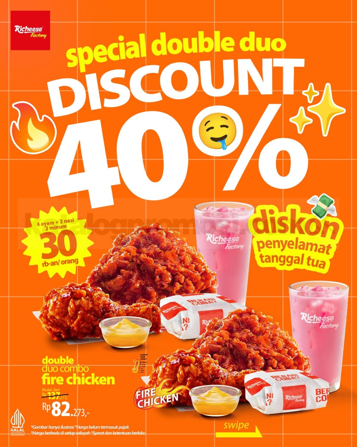 Promo Richeese Factory Double Duo Combo Diskon 40% Promo Richeese Factory Double Duo Combo Diskon 40% paket 4 ayam, 2 nasi, dan 2 minum mulai Rp. 61.818.