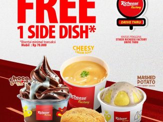 Promo Richeese Factory Drive Thru Free Side Dish transaksi Rp70.000 dengan sticker Drive Thru