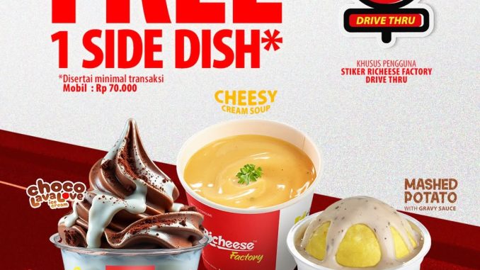 Promo Richeese Factory Drive Thru Free Side Dish transaksi Rp70.000 dengan sticker Drive Thru