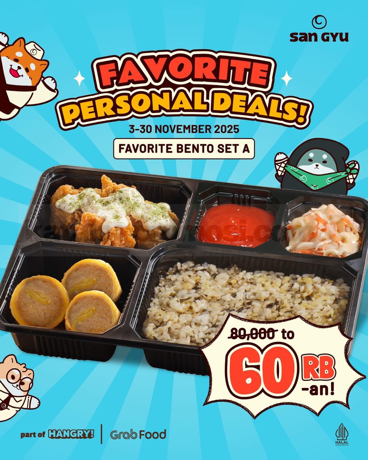 Promo San Gyu Favorite Personal Deals Bento Set A cuma Rp.60.000-an Promo San Gyu Favorite Personal Deals Bento Set A cuma Rp.60.000-an eksklusif GrabFood